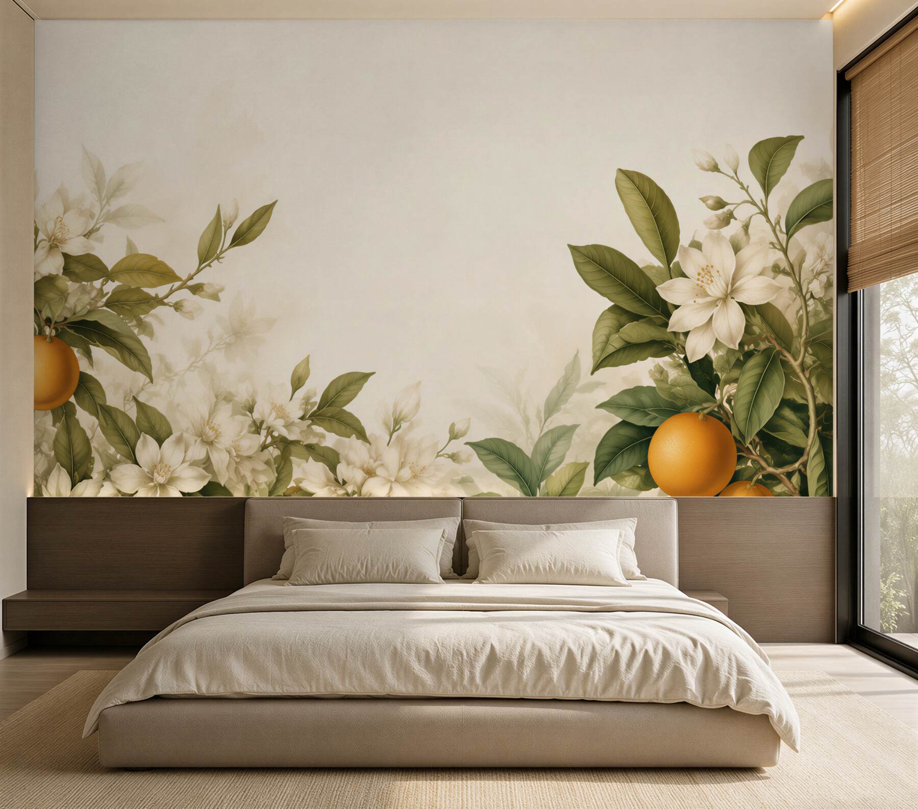 Fotobehang bloeiende sinaasappels en witte citrusbloemen