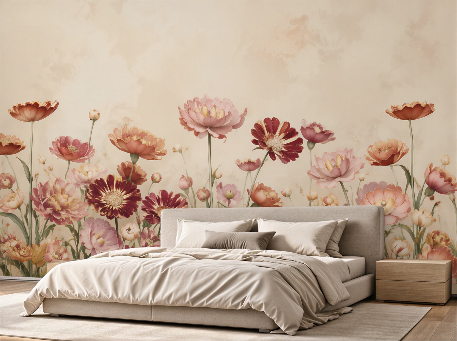 Fotobehang pastelweide met roze bloemen voor een romantisch interieur