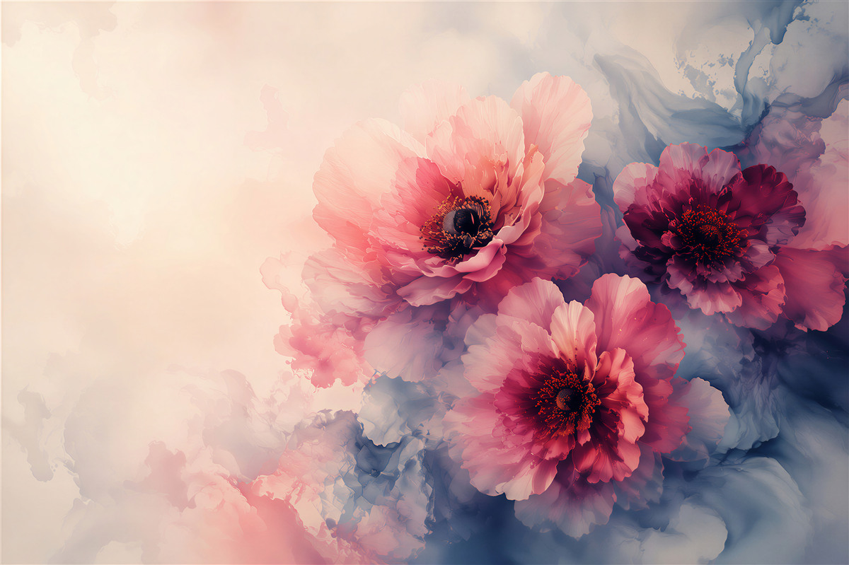 Fotobehang roze aquarel klaprozen op een marine-crème achtergrond
