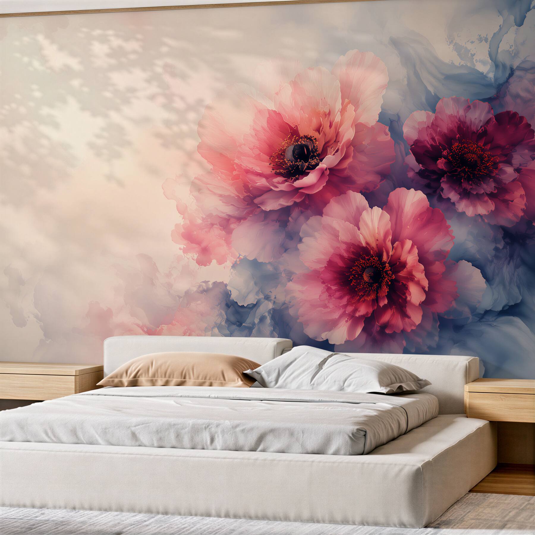 Fotobehang roze aquarel klaprozen op een marine-crème achtergrond