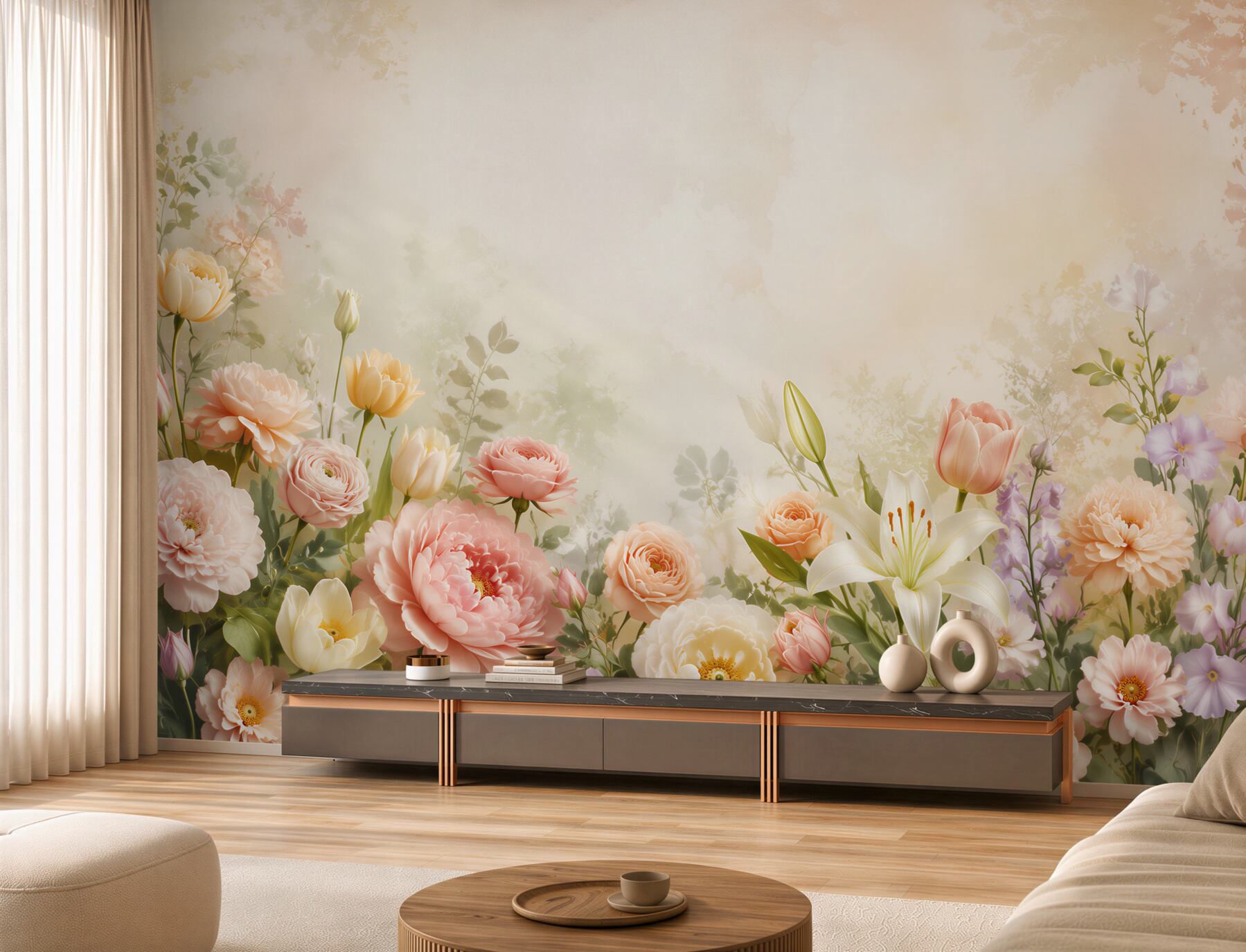 Fotobehang pastel bloemenweide met pioenen en lelies voor een lichte woonkamer