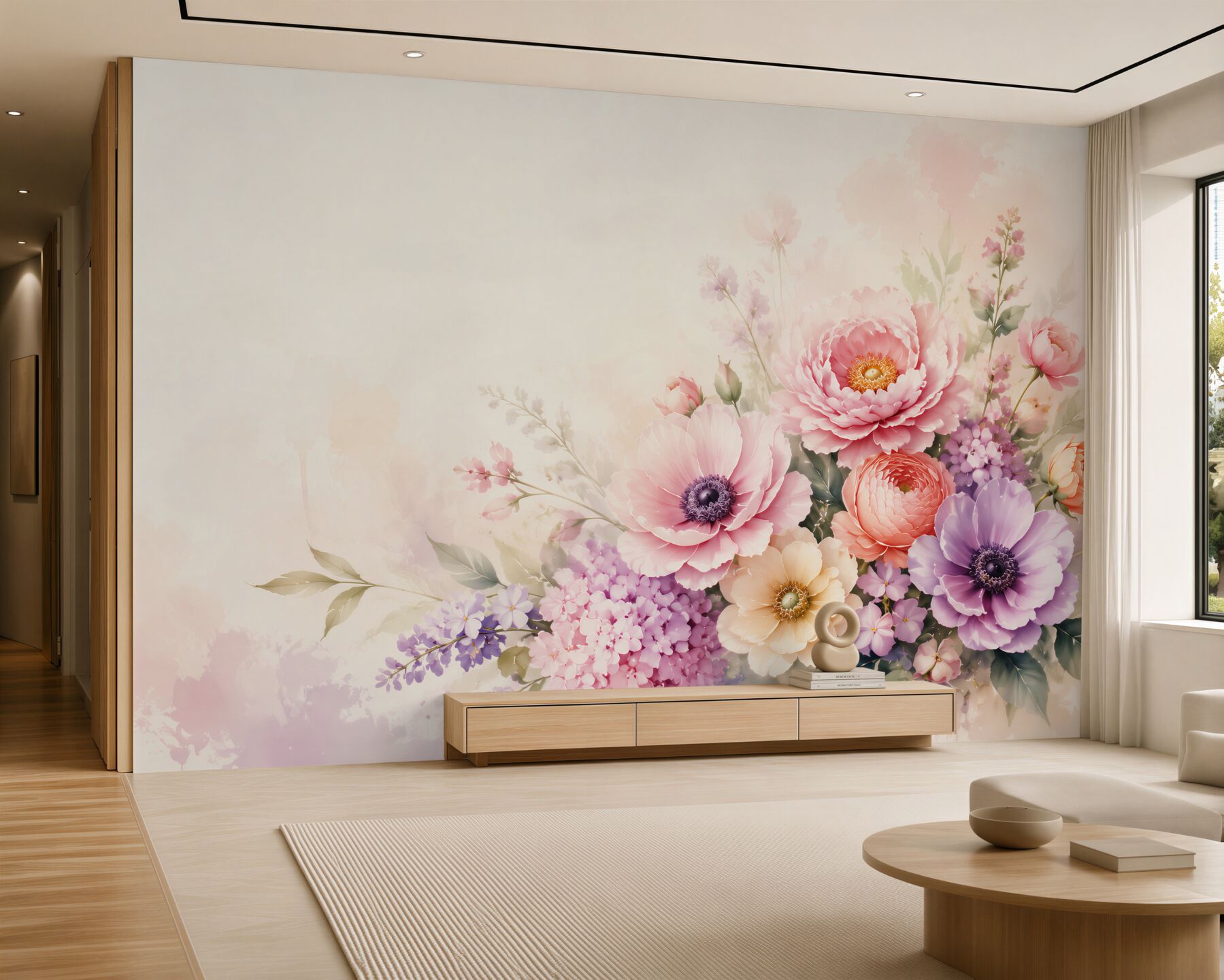 Fotobehang pastel bloemenboeket met pioenen en anemonen