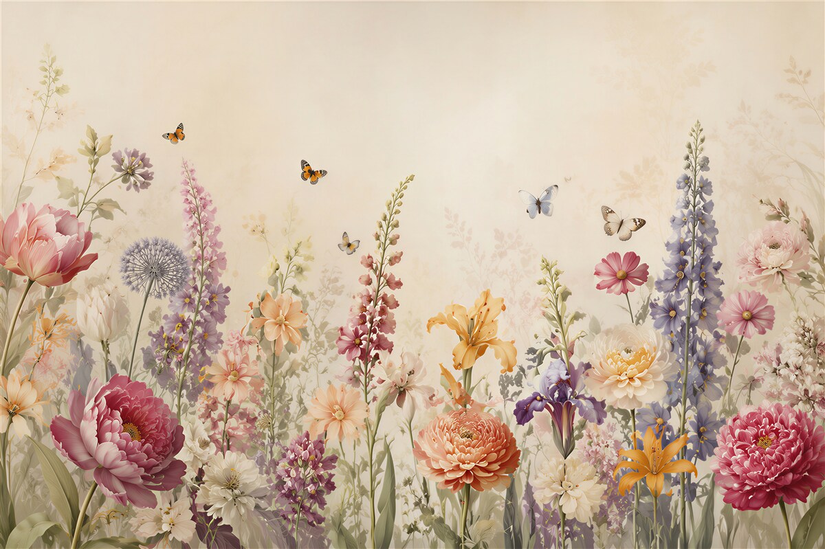 Fotobehang pastelbloemenweide met vlinders voor de kamer en de woonkamer