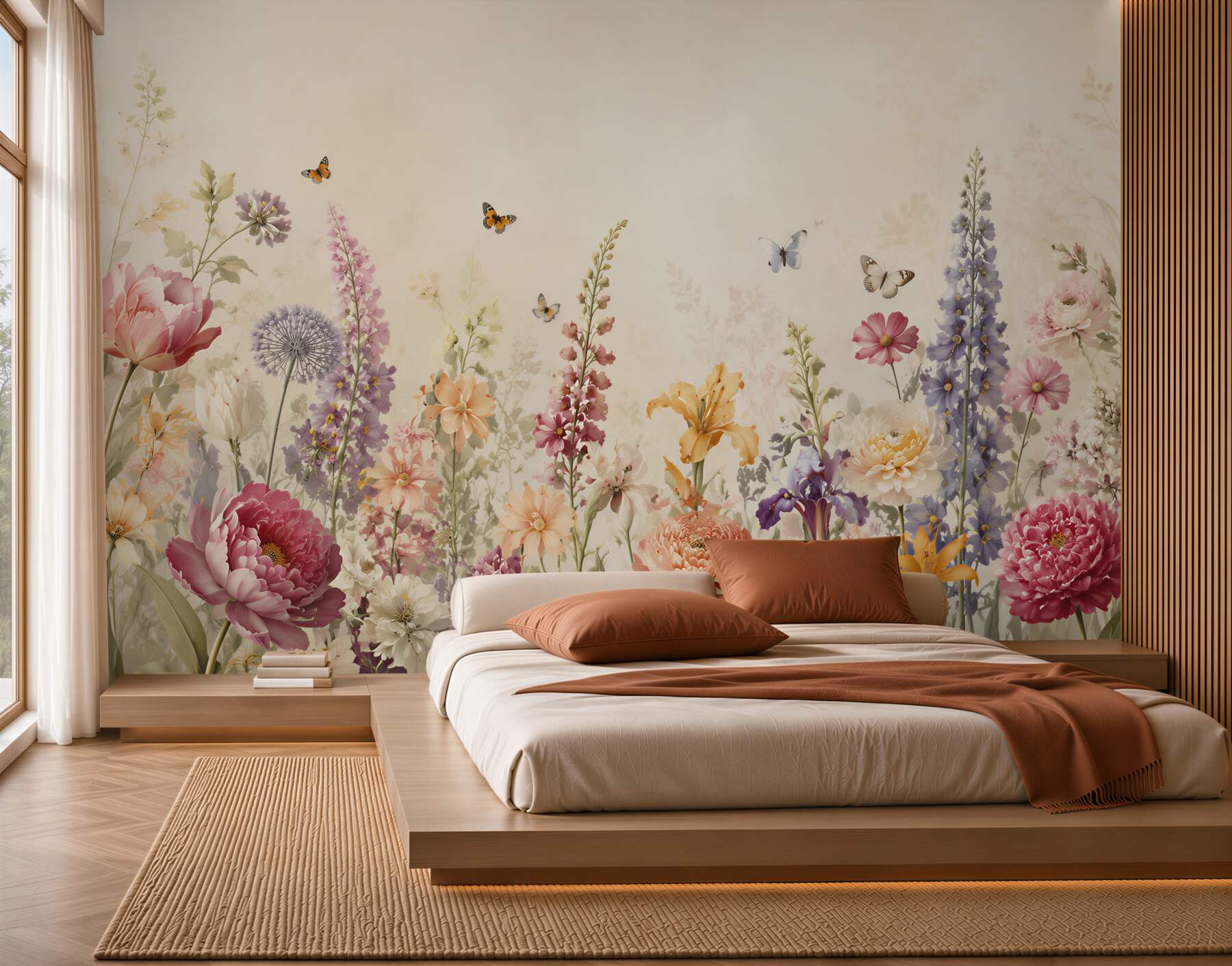 Fotobehang pastelbloemenweide met vlinders voor de kamer en de woonkamer