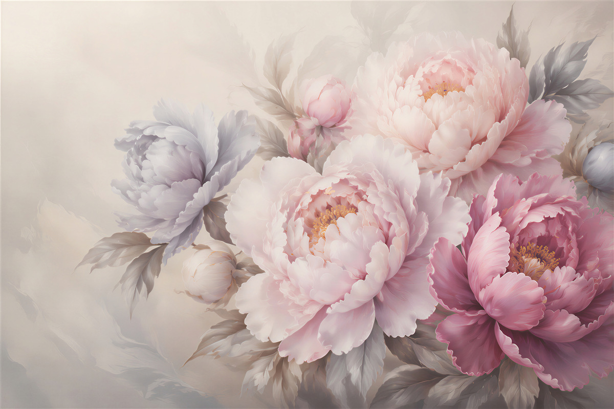 Fotobehang romantische roze en lila pioenen op lichte achtergrond