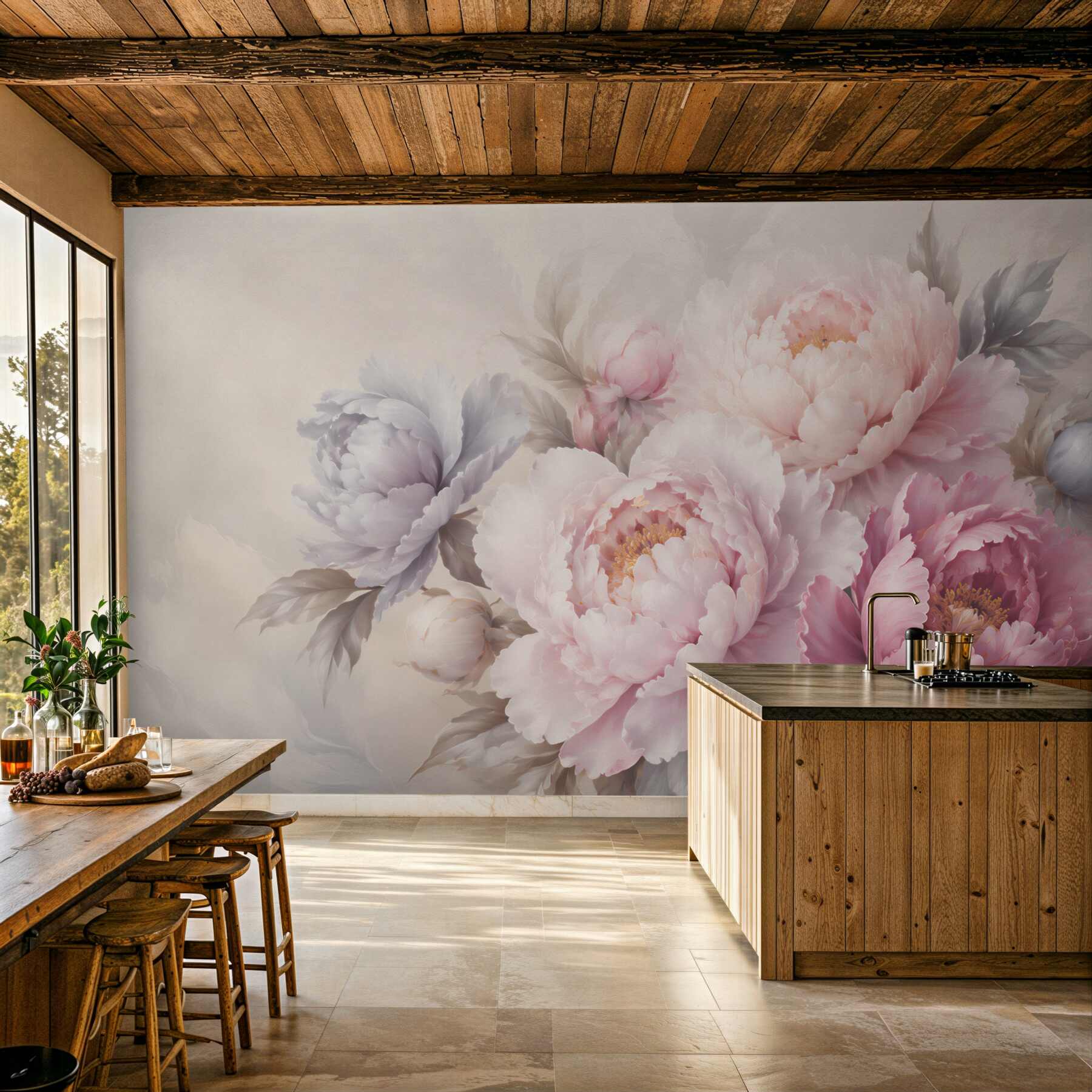 Fotobehang romantische roze en lila pioenen op lichte achtergrond
