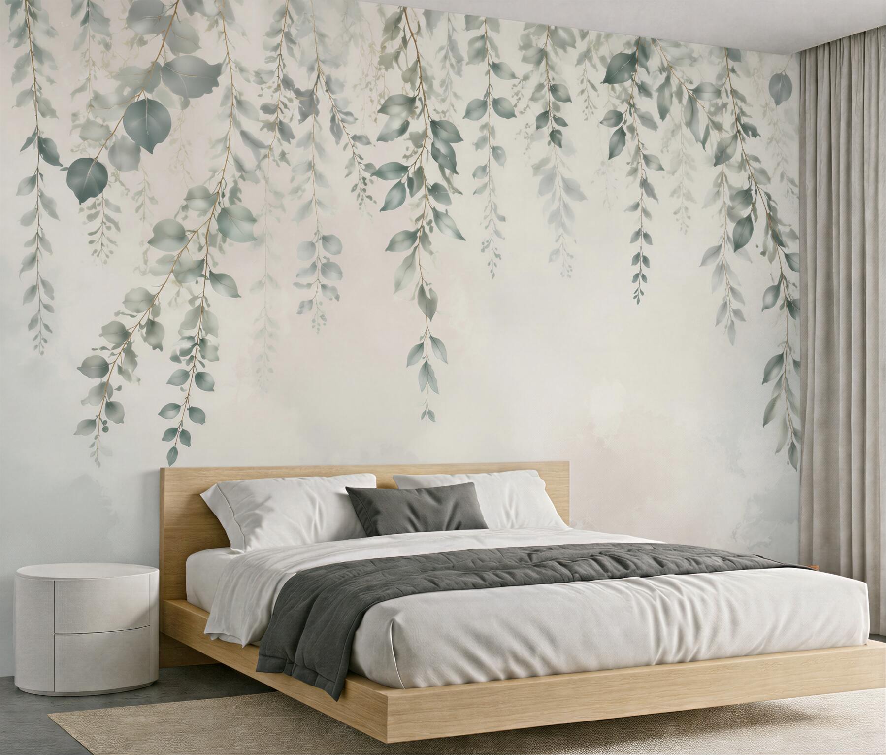 Fotobehang hangende eucalyptus takken salie groen op lichte achtergrond