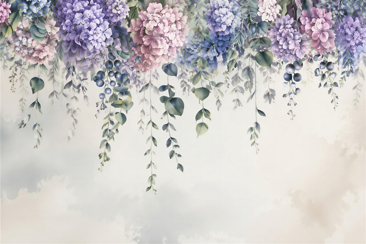 Fotobehang hangende lavendel hortensia met eucalyptus op lichte achtergrond