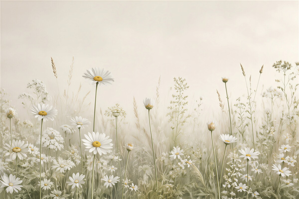Fotobehang madeliefjes op een veld delicate witte compositie