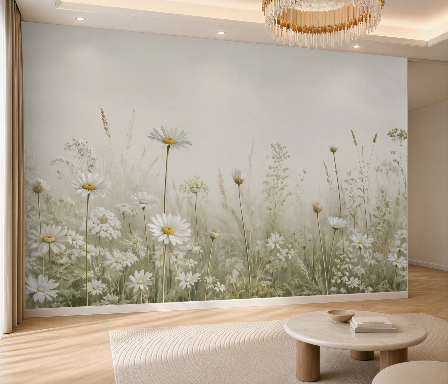 Fotobehang madeliefjes op een veld delicate witte compositie