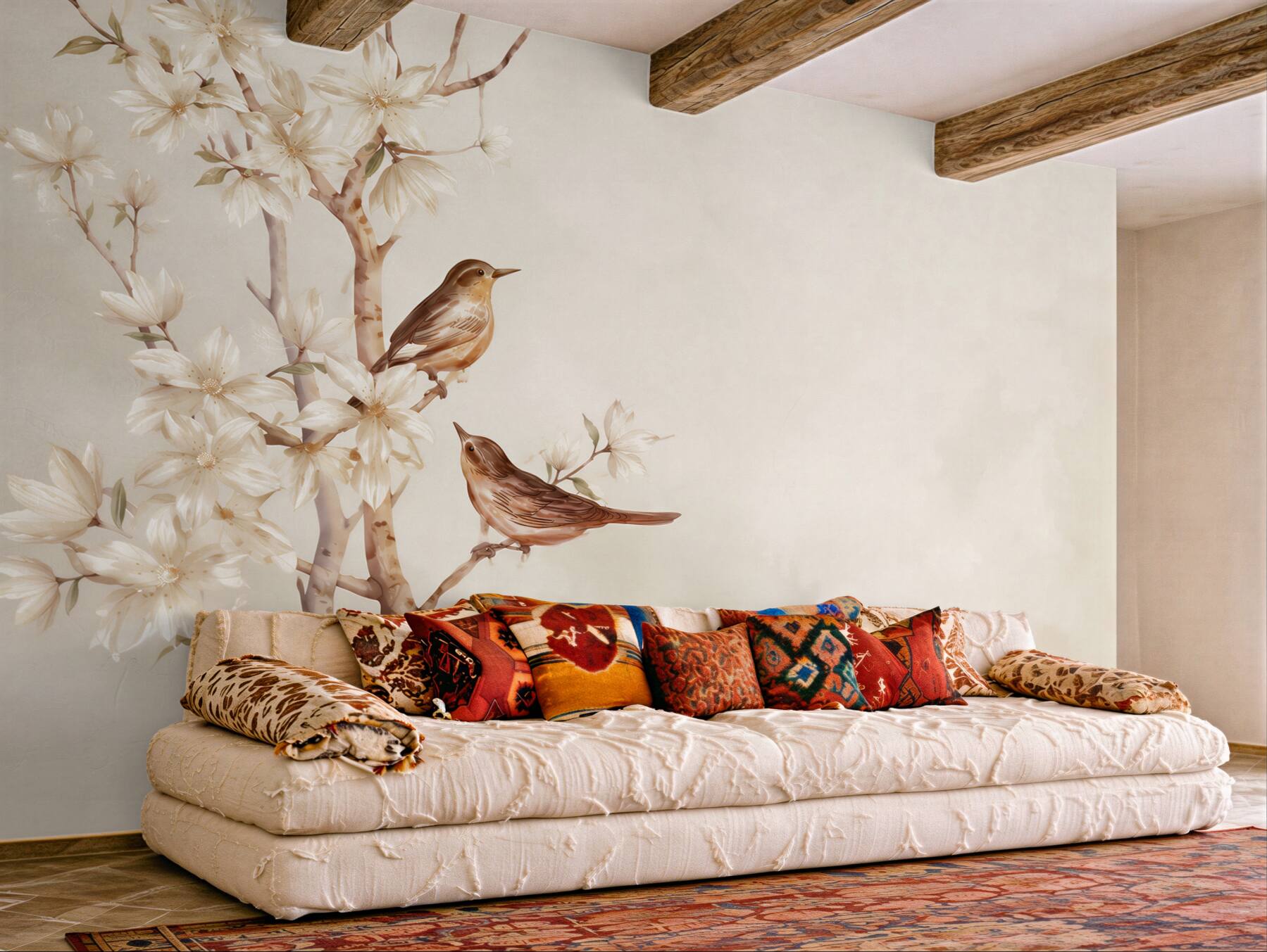 Fotobehang vogels op een magnoli tak in beige pastel