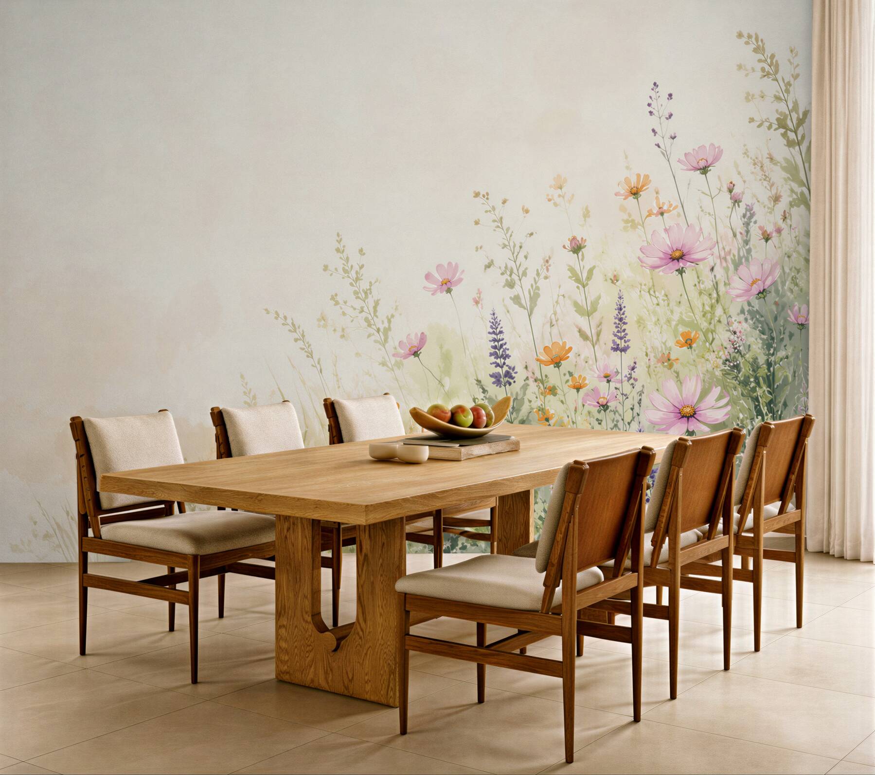 Fotobehang bloemenweide pastel met roze cosmos