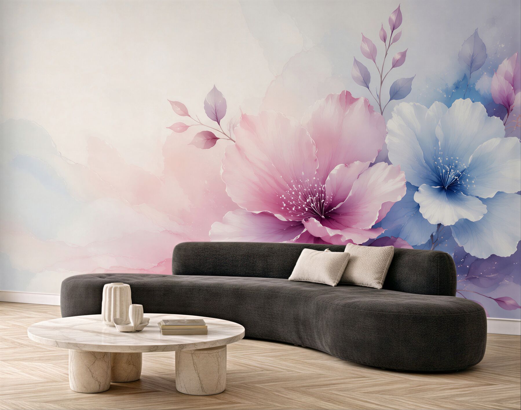 Fotobehang grote pastel bloemen roze en blauw elegant