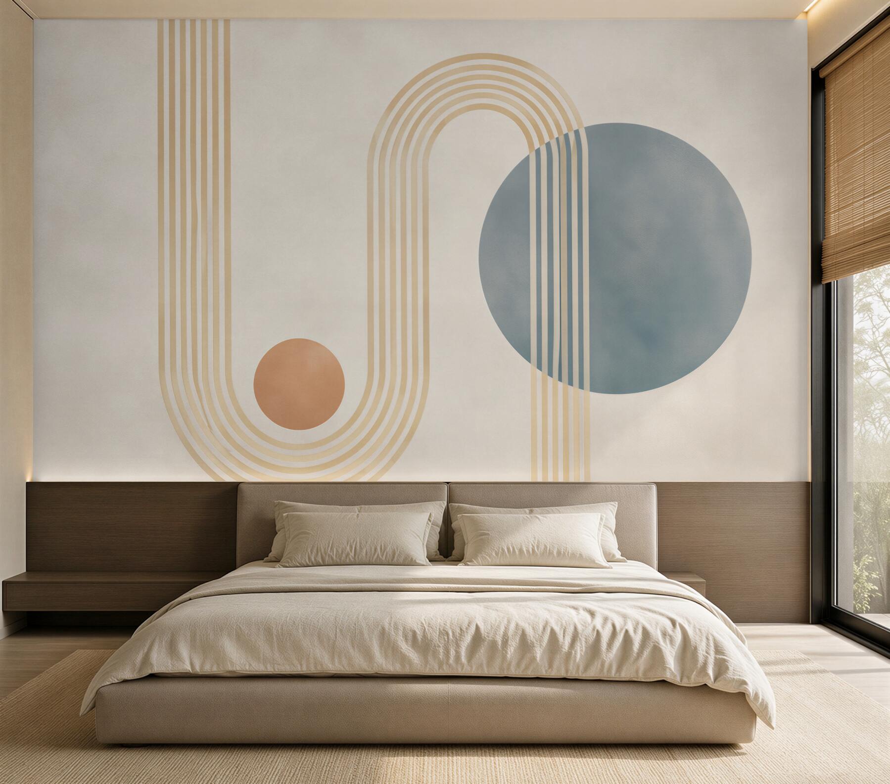 Fotobehang geometrische bogen en cirkels beige blauw retro abstractie