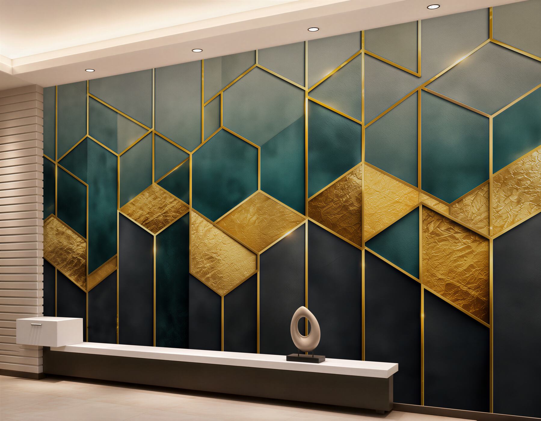 Fotobehang geometrisch patroon marineblauw goud in art deco stijl
