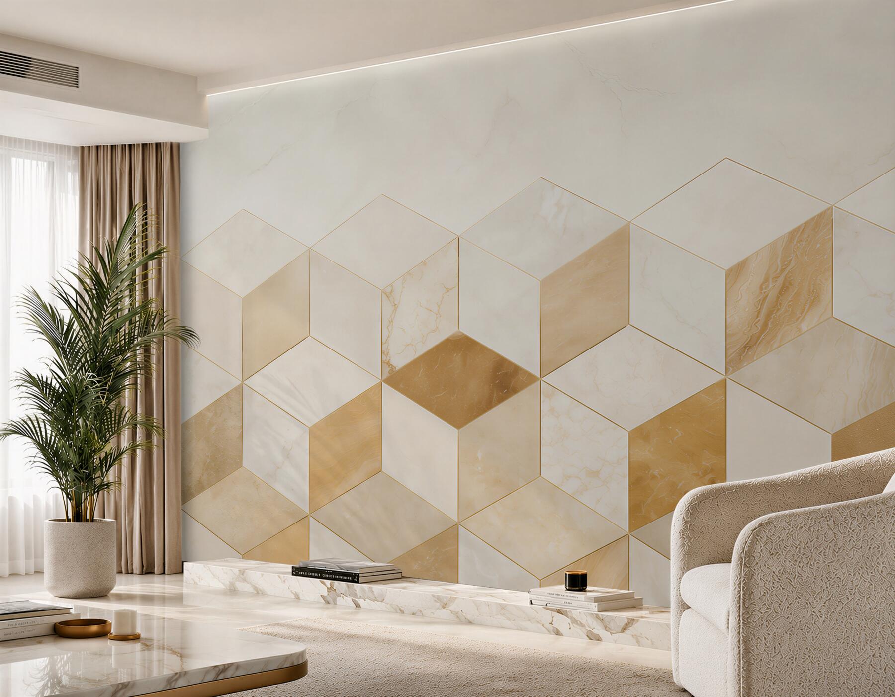 Fotobehang geometrische blokken marmer wit goud elegante abstractie