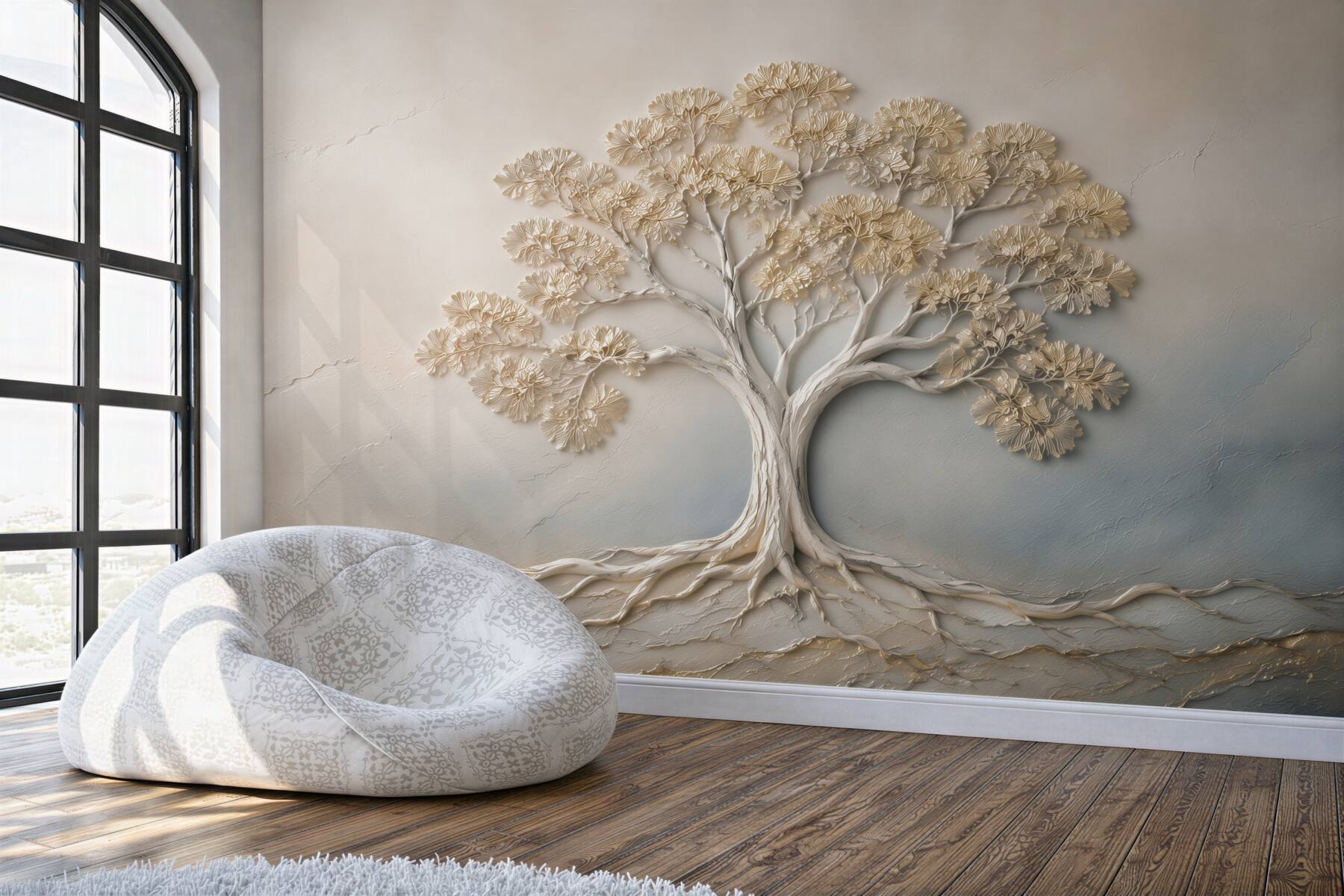 Fotobehang levensboom in reliëf beige met wortels elegant