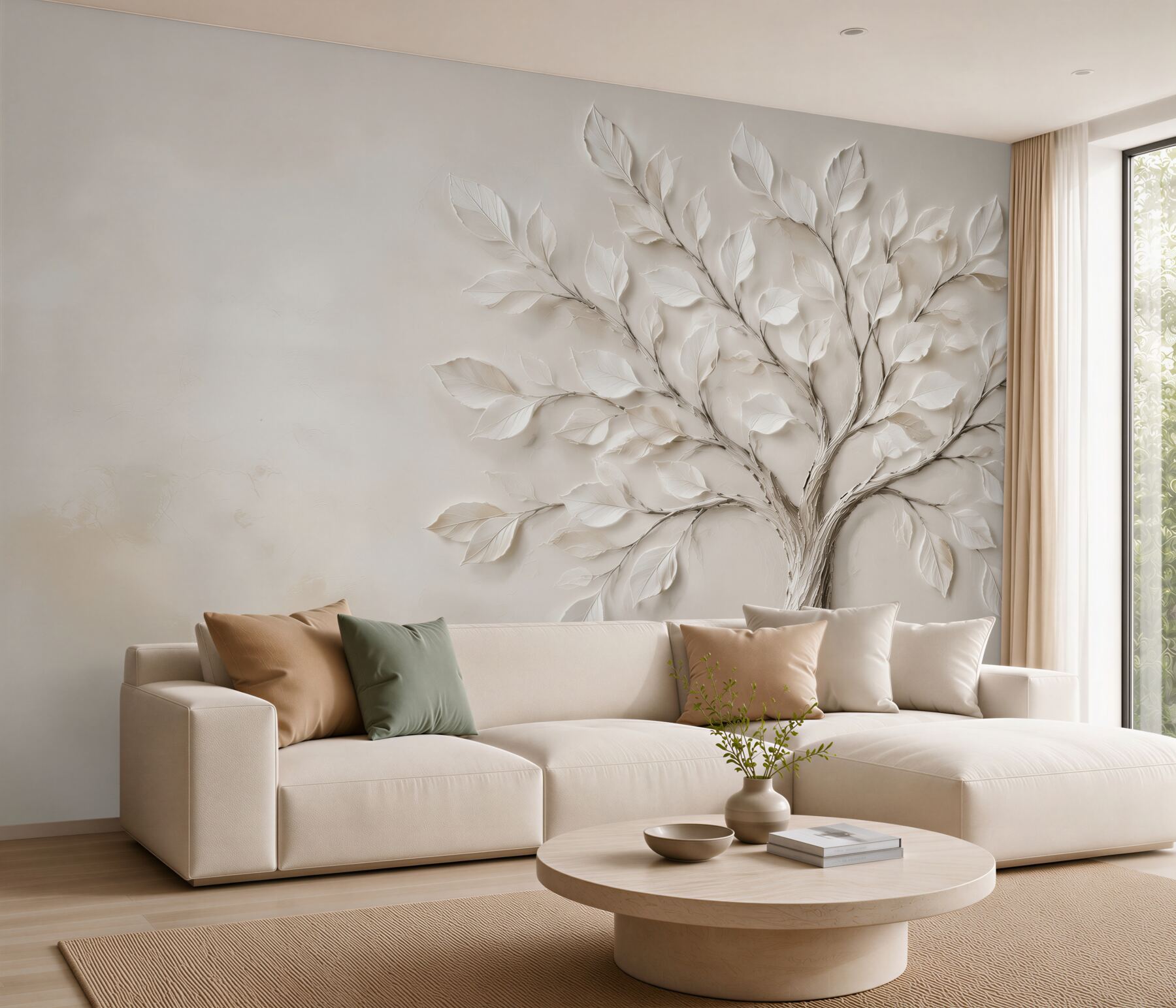 Fotobehang witte boom met 3D-bladeren op crèmekleurige minimalistische achtergrond