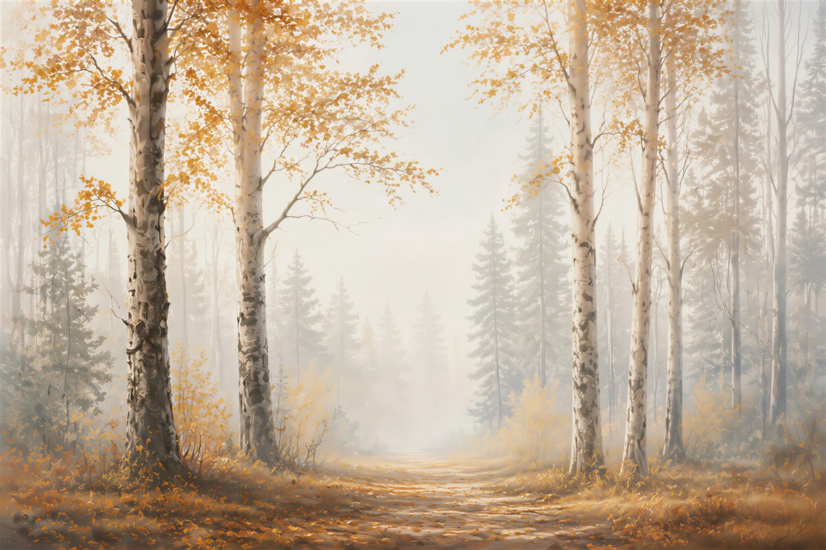 Fotobehang herfstige berkenbos in de mist rustige bosweg