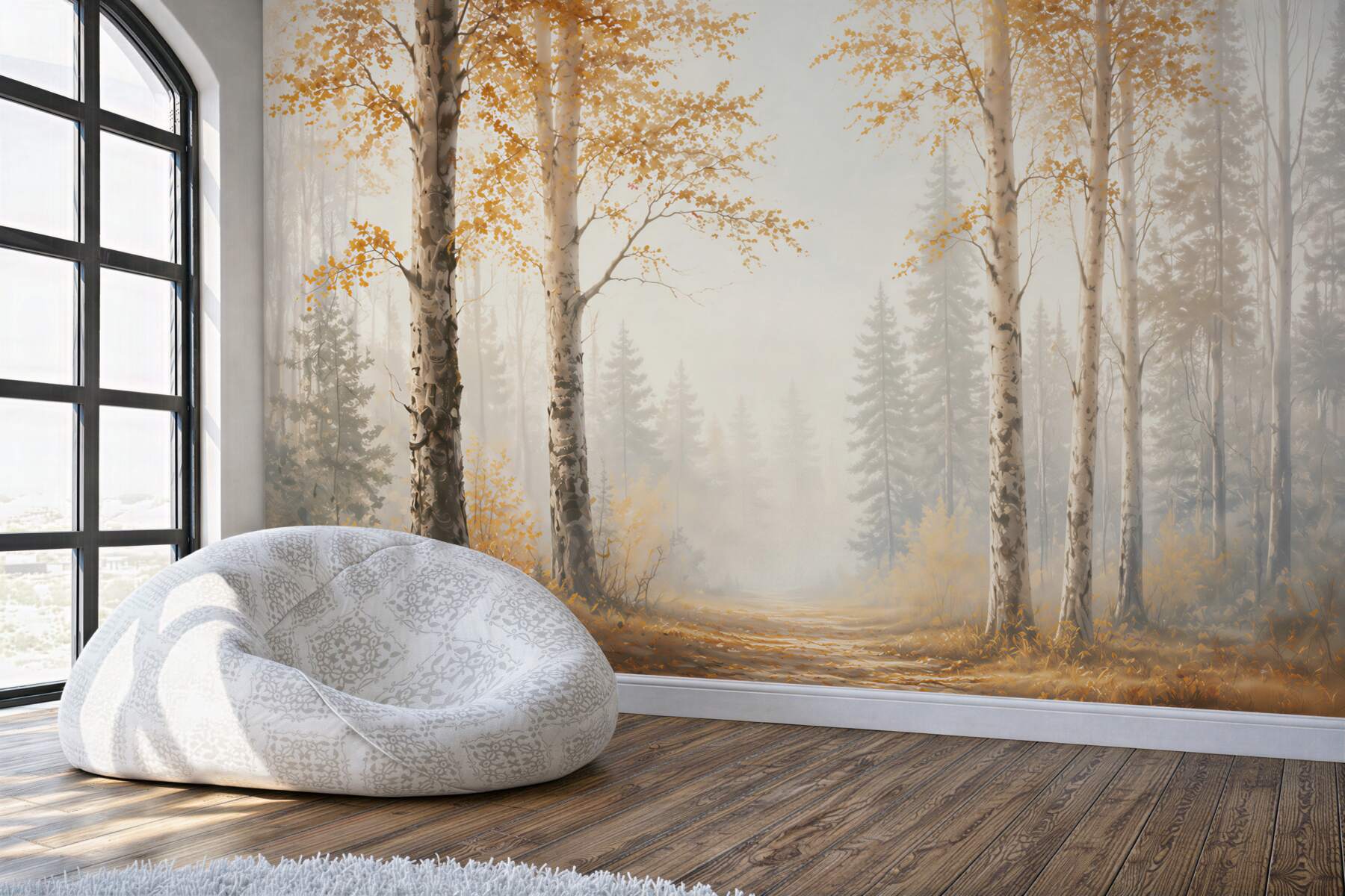 Fotobehang herfstige berkenbos in de mist rustige bosweg