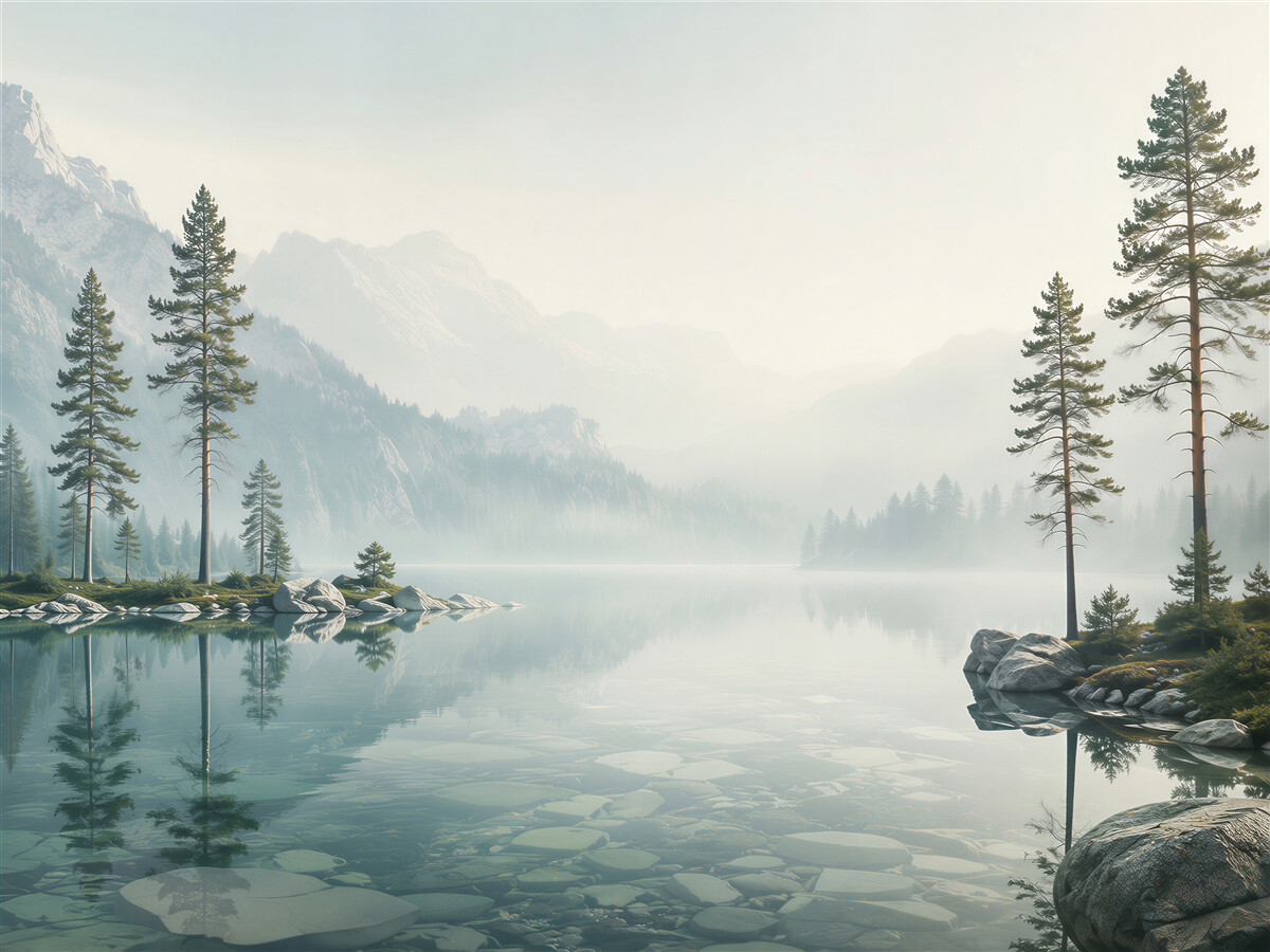 Fotobehang rustig bergmeer met dennen in de mist
