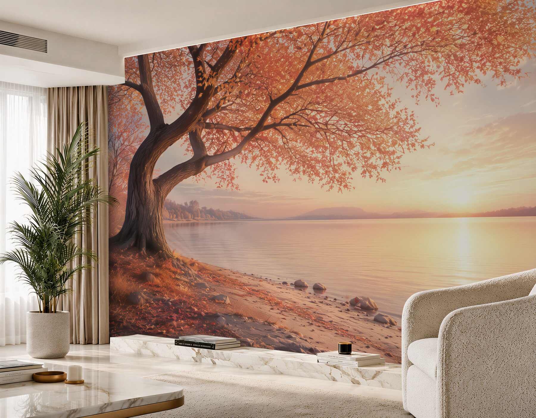 Fotobehang boom bij het meer tijdens zonsondergang warme landschap