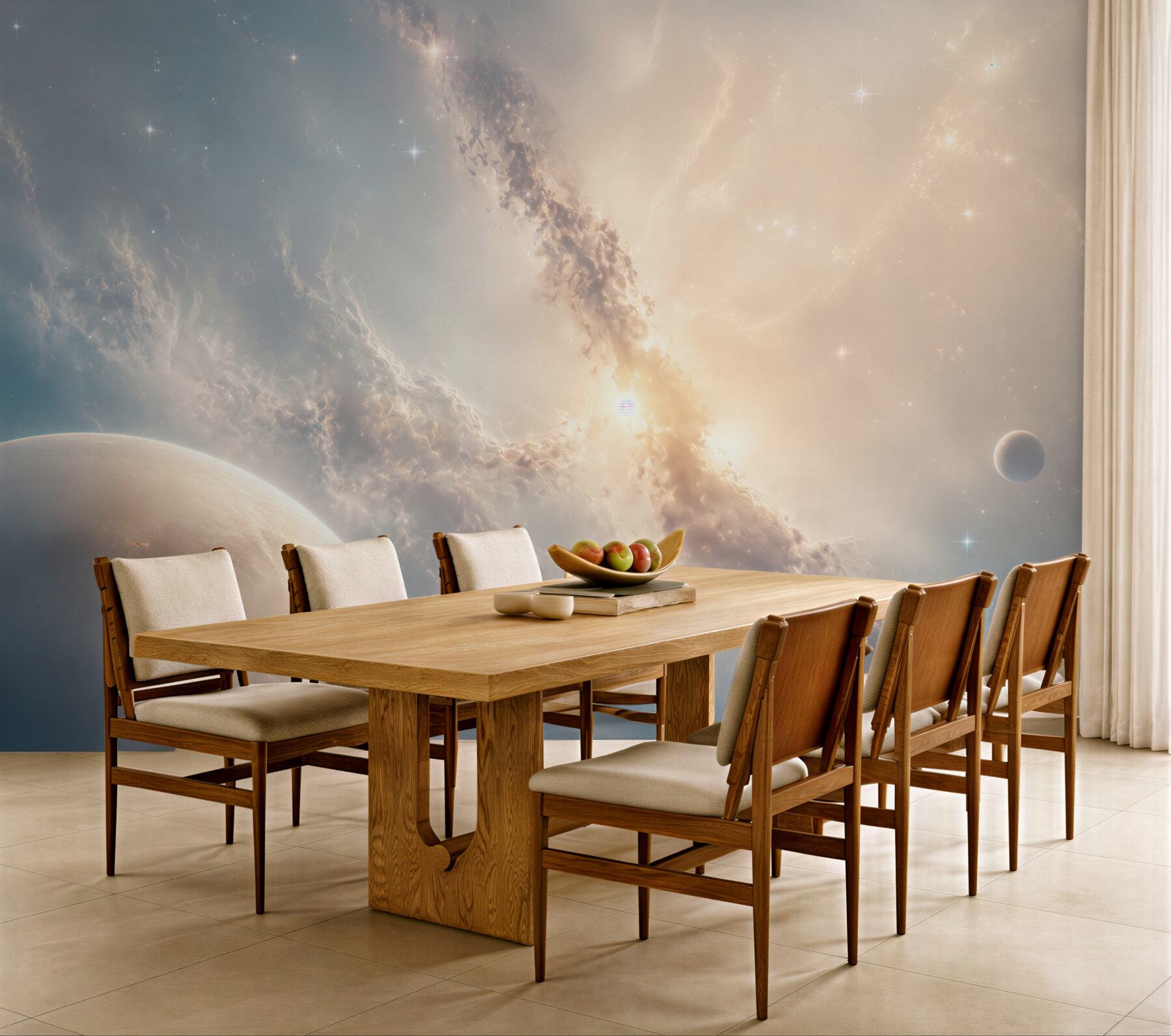 Fotobehang kosmos met planeten en nevel in lichte pasteltinten