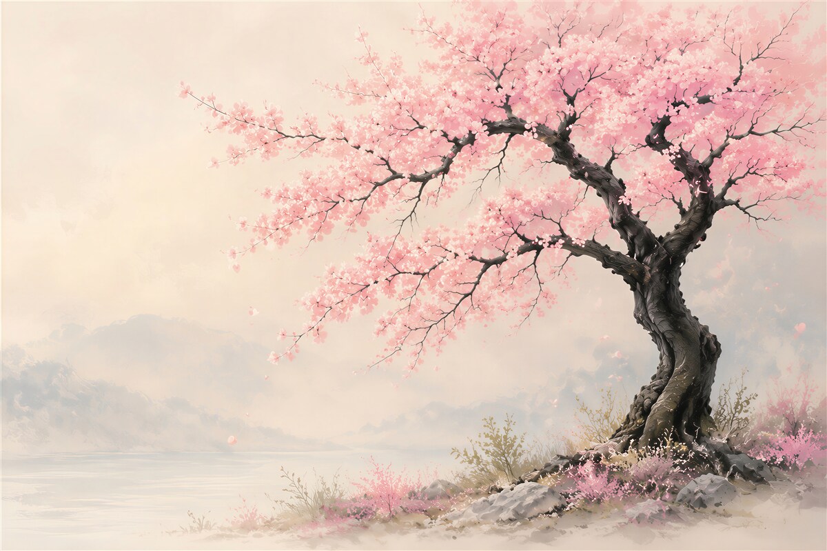 Fotobehang bloeiende kersenboom bij het meer roze romantisch