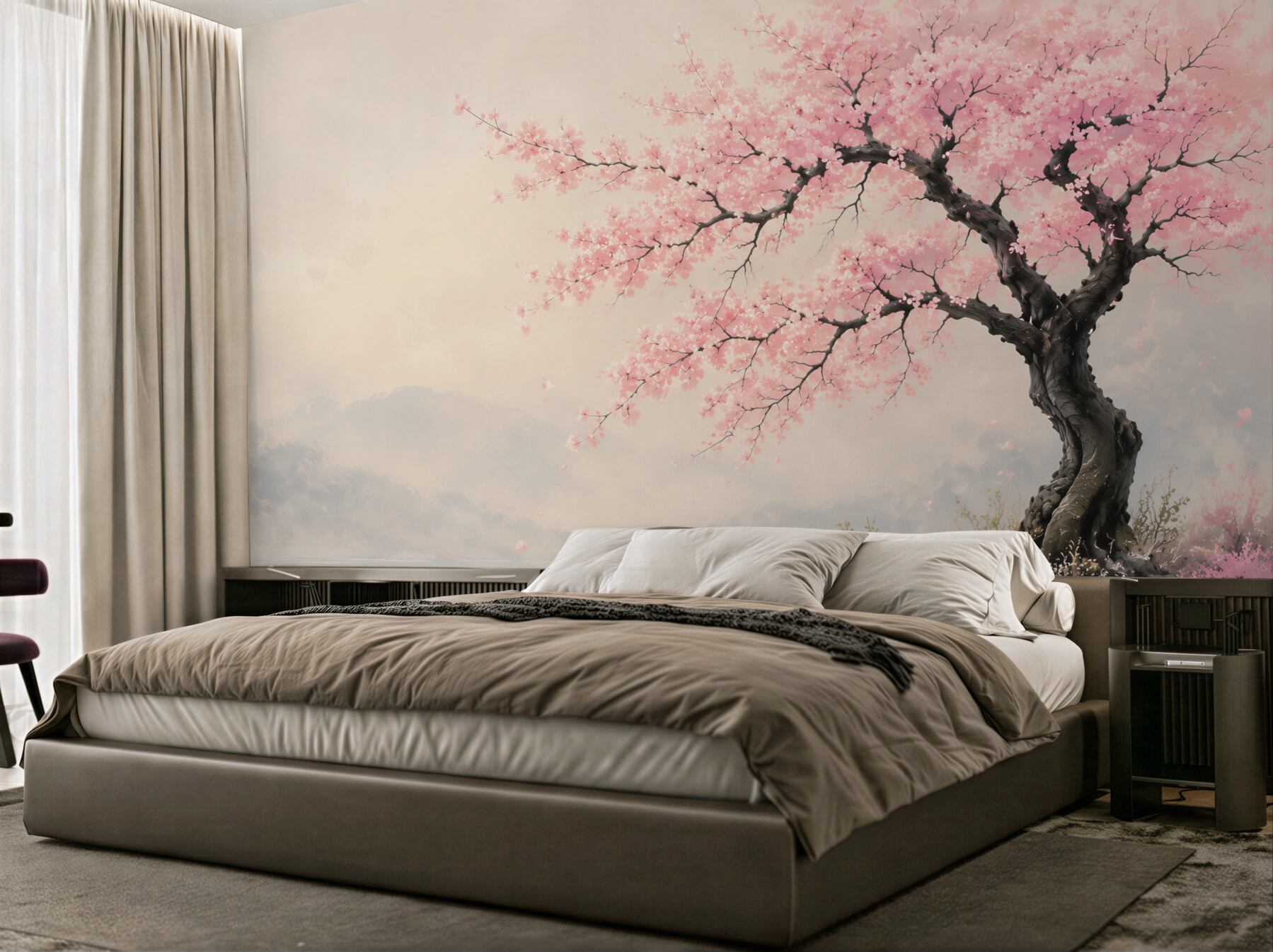 Fotobehang bloeiende kersenboom bij het meer roze romantisch