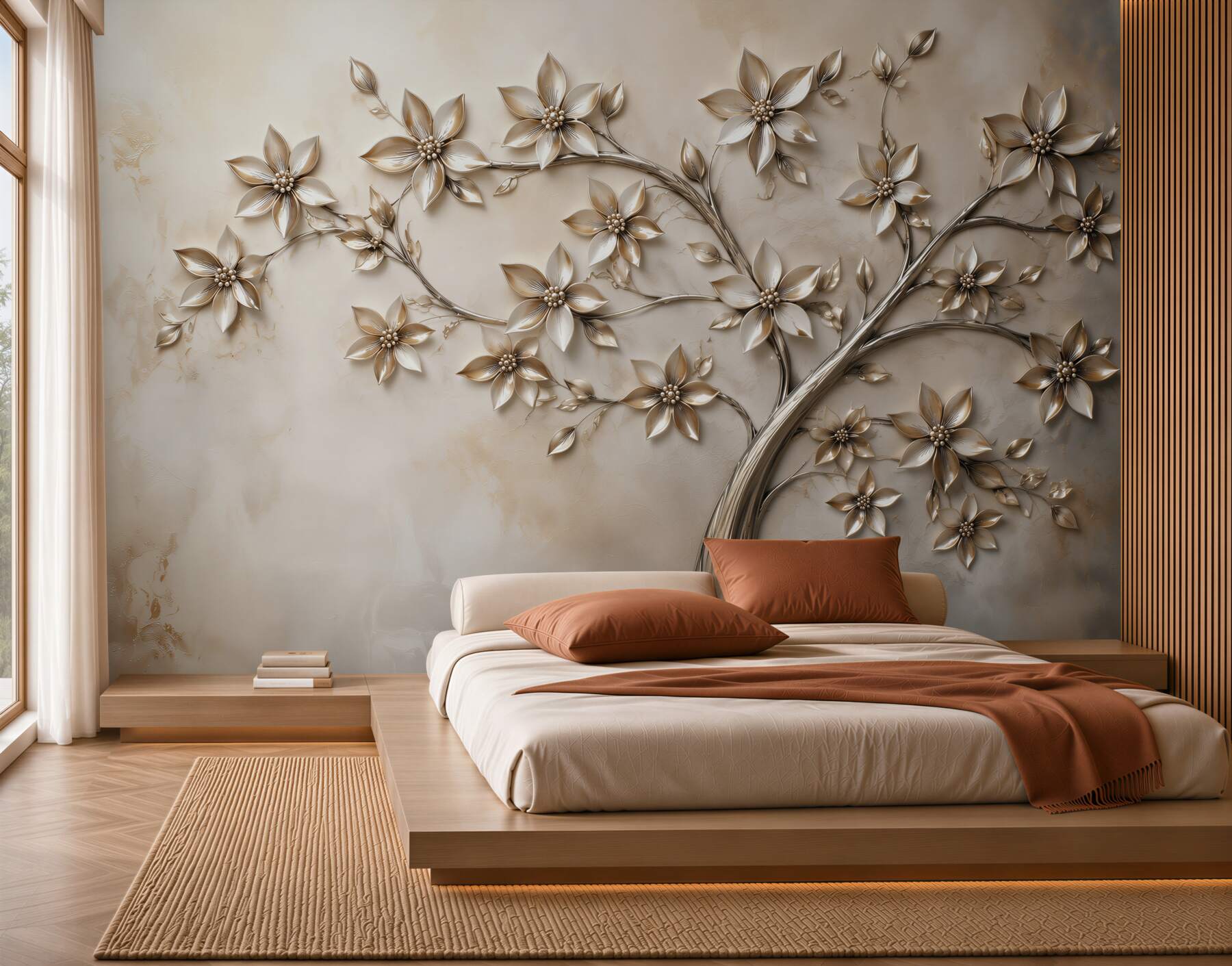 Fotobehang gouden bloemen op takken elegante beige decoratie