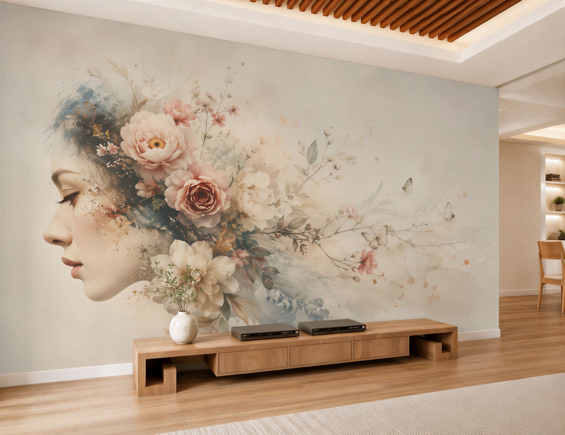 Fotobehang vrouw met bloemen en vlinders subtiele pastelcompositie