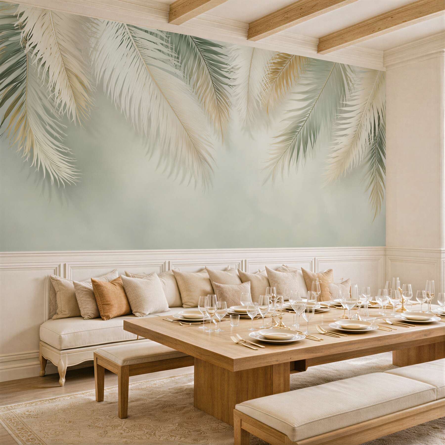 Fotobehang beige en groene palmbladeren subtiel tropisch motief