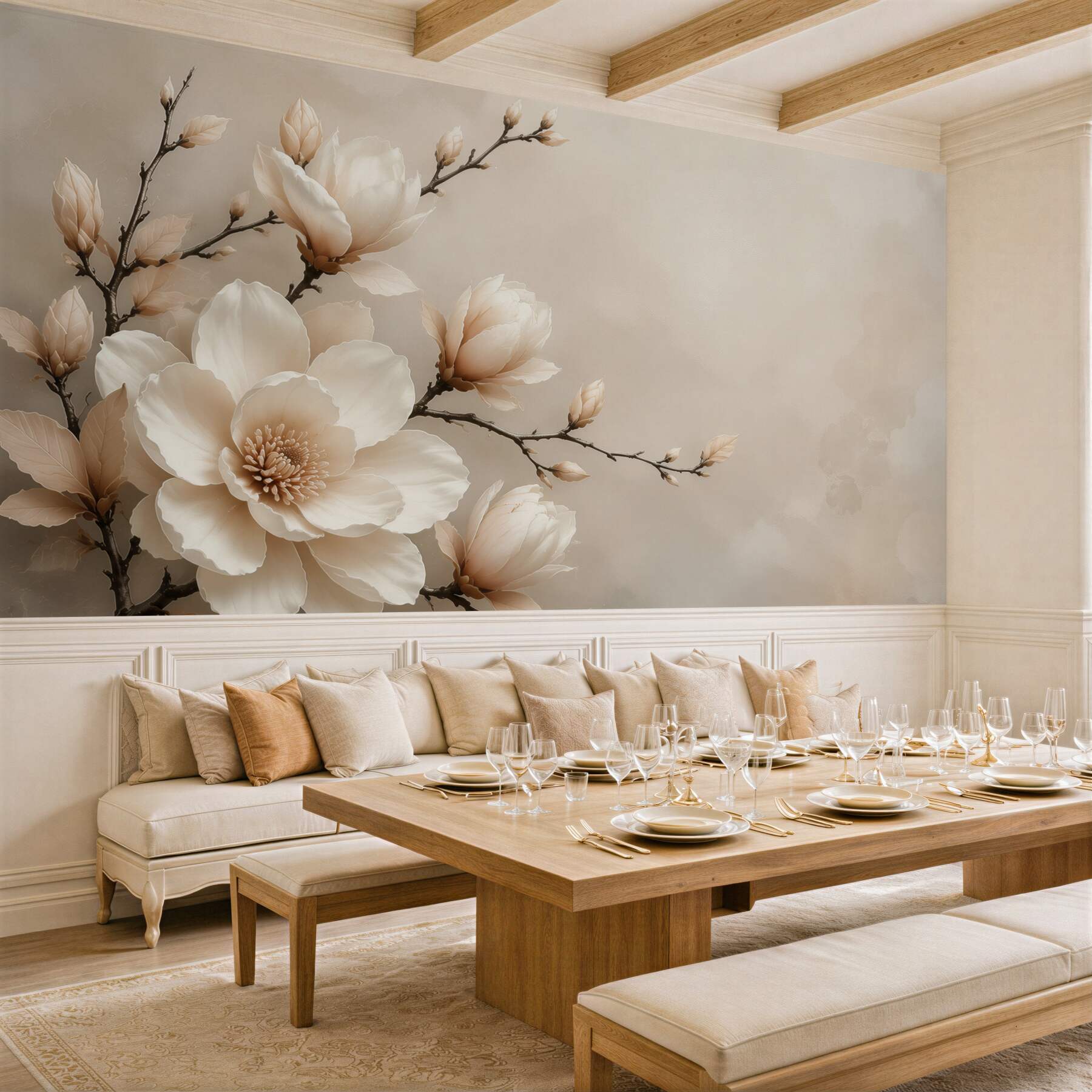 Fotobehang magnolia crème op de takken subtiele elegantie voor de slaapkamer