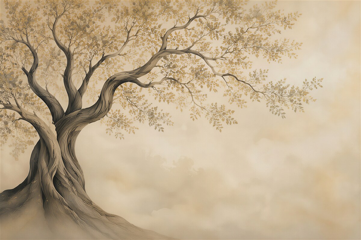 Fotobehang gestileerde boom met kleine bladeren beige minimalistisch