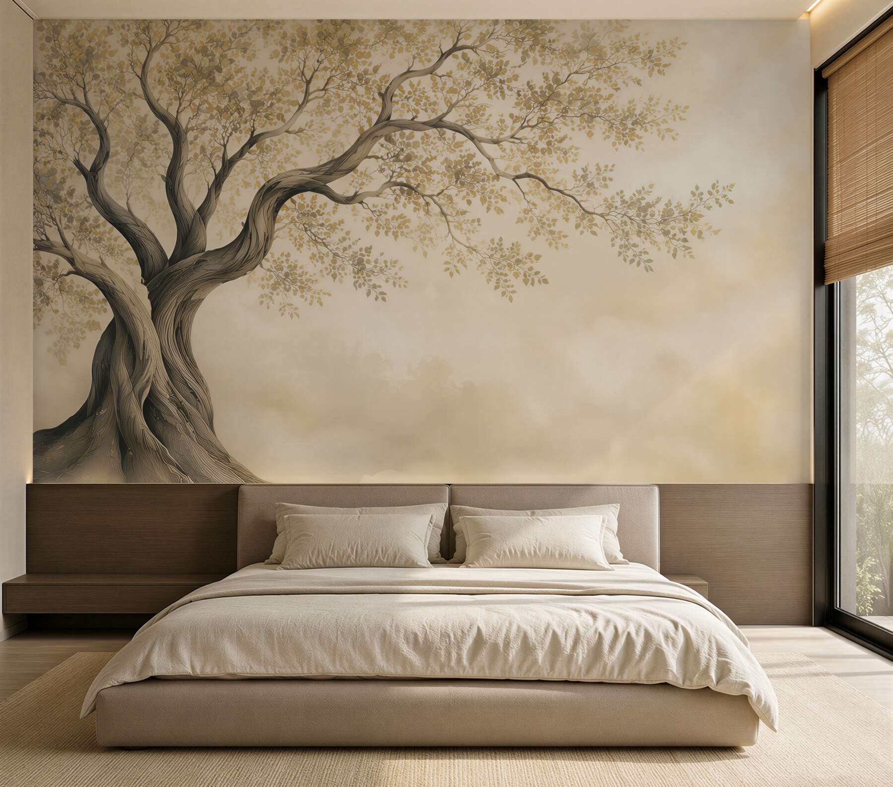 Fotobehang gestileerde boom met kleine bladeren beige minimalistisch