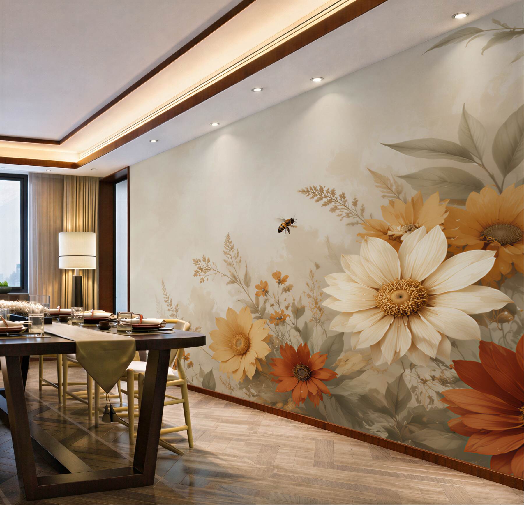 Fotobehang beige wilde bloemen met bijen op een subtiele achtergrond