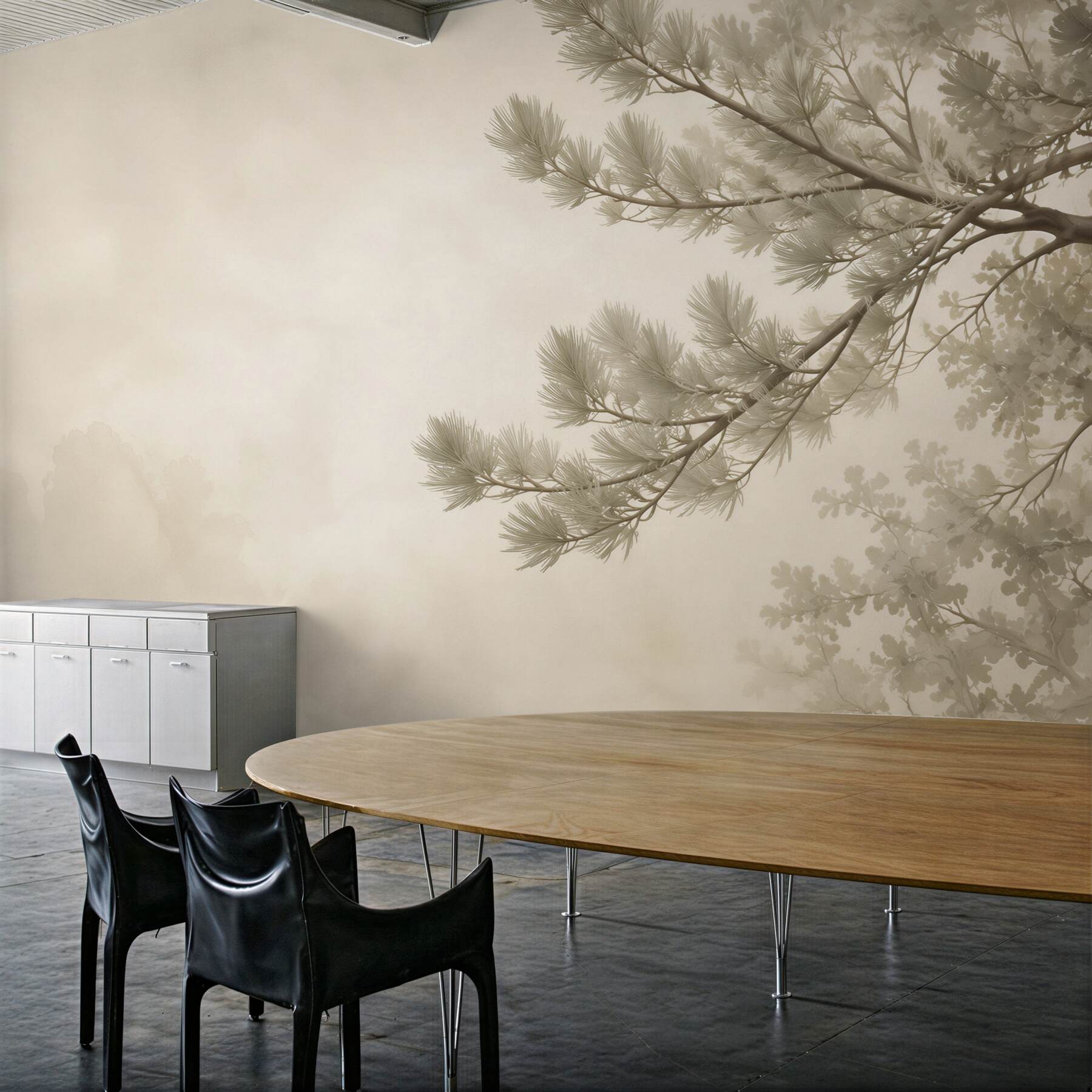 Fotobehang dennen takken in beige mist subtiel bosmotief