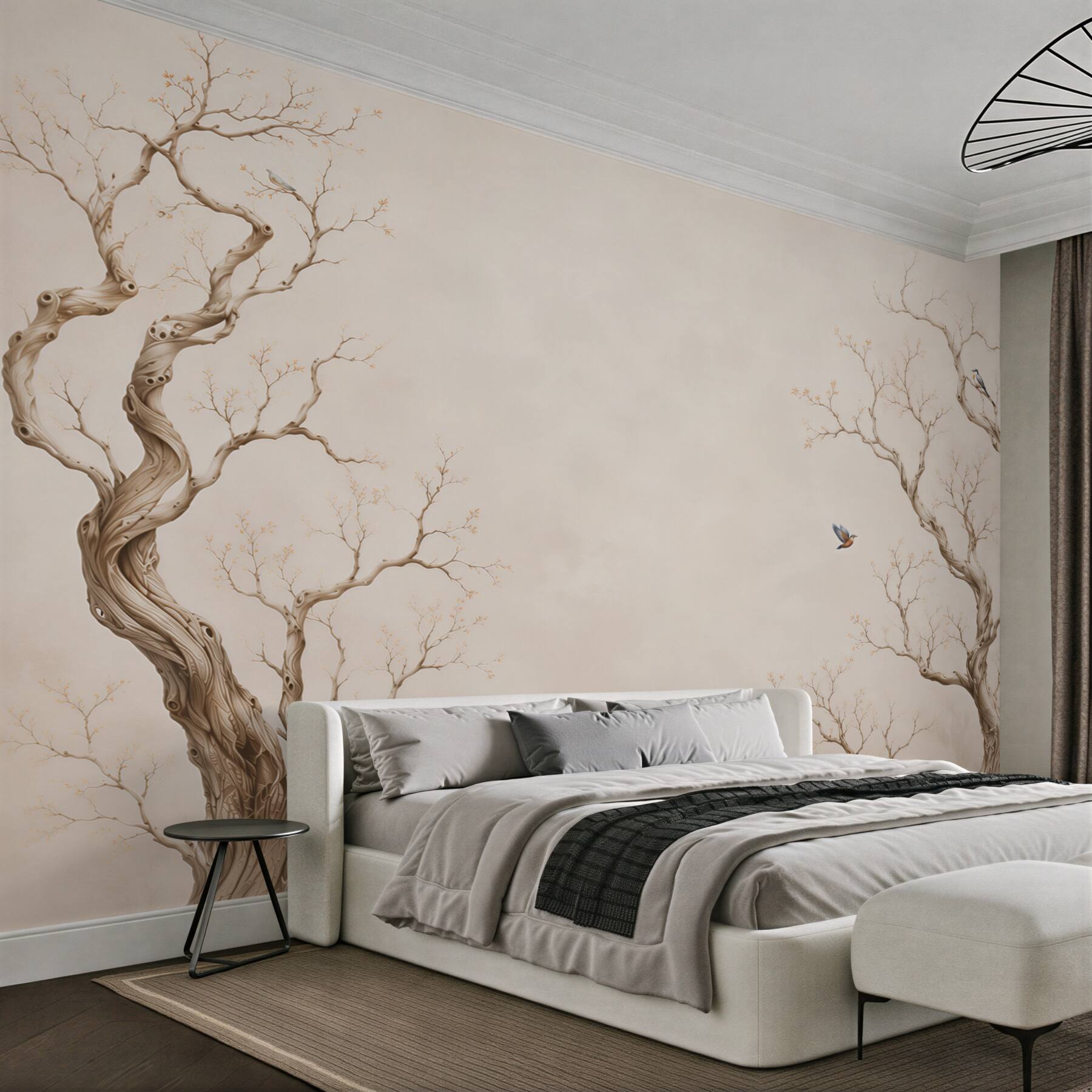 Fotobehang kale bomen met vogels beige minimalistisch