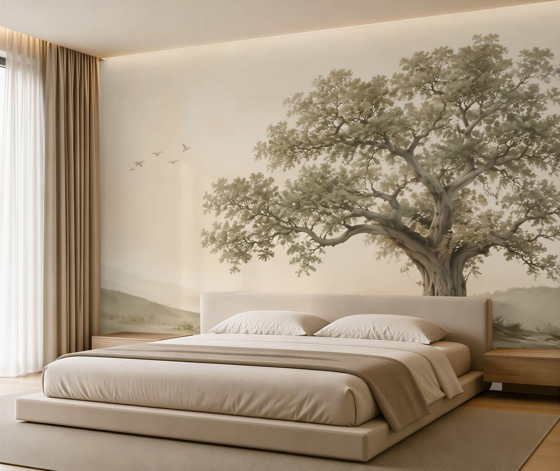 Fotobehang oude boom op een heuvel in een rustig beige landschap