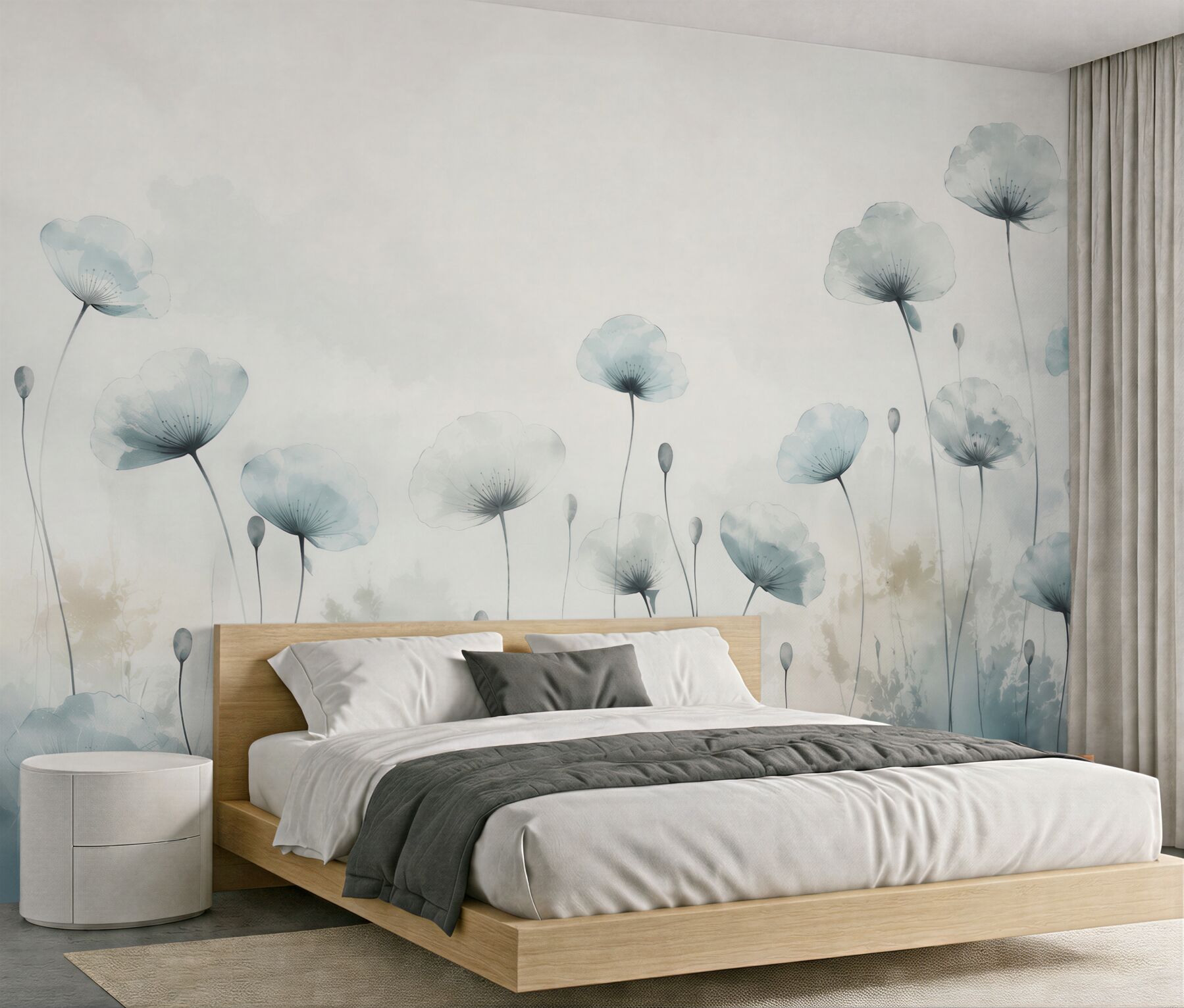 Fotobehang blauwe klaprozen delicate bloemen in pastel mist