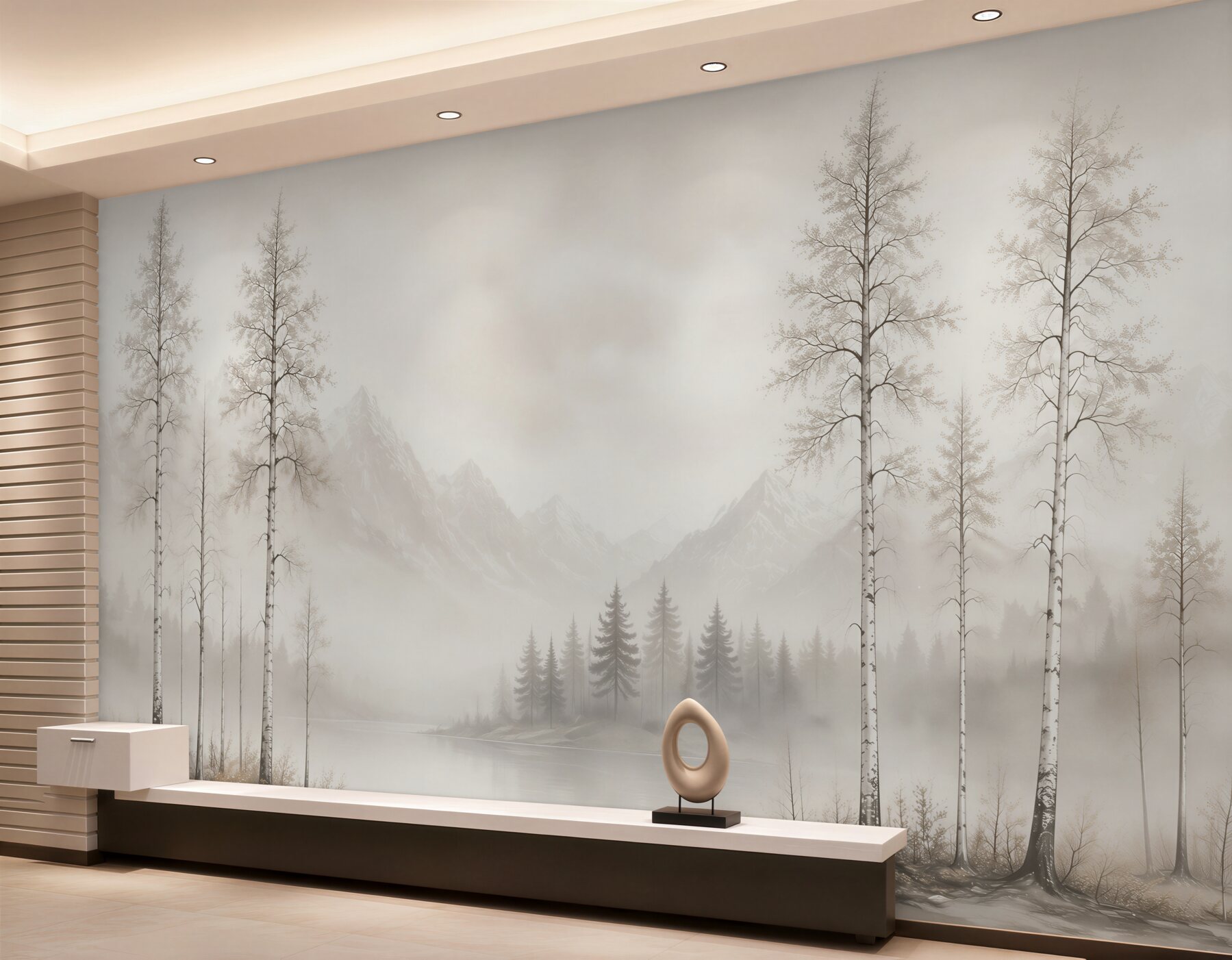 Fotobehang mistig landschap met berken en bergen bij het meer