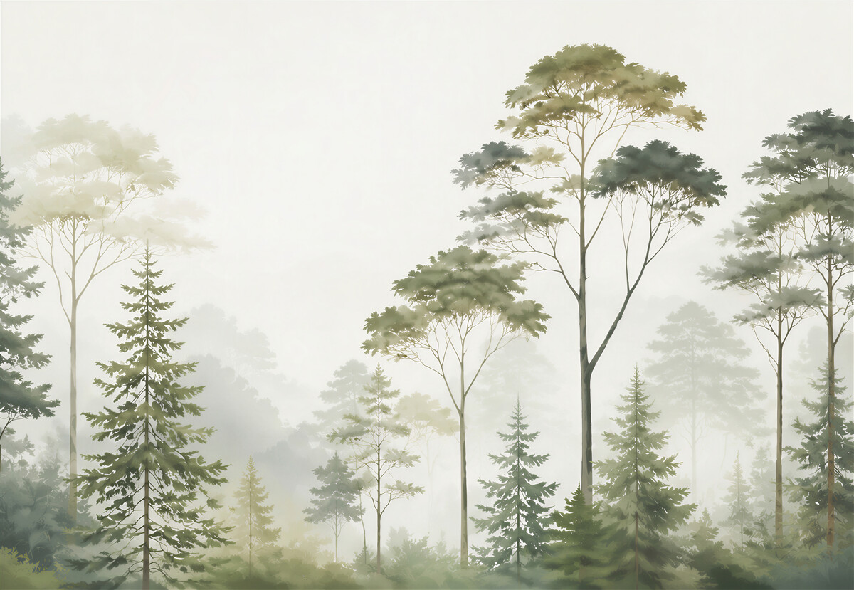 Fotobehang groene bos in de mist in een rustige natuurlijke stijl