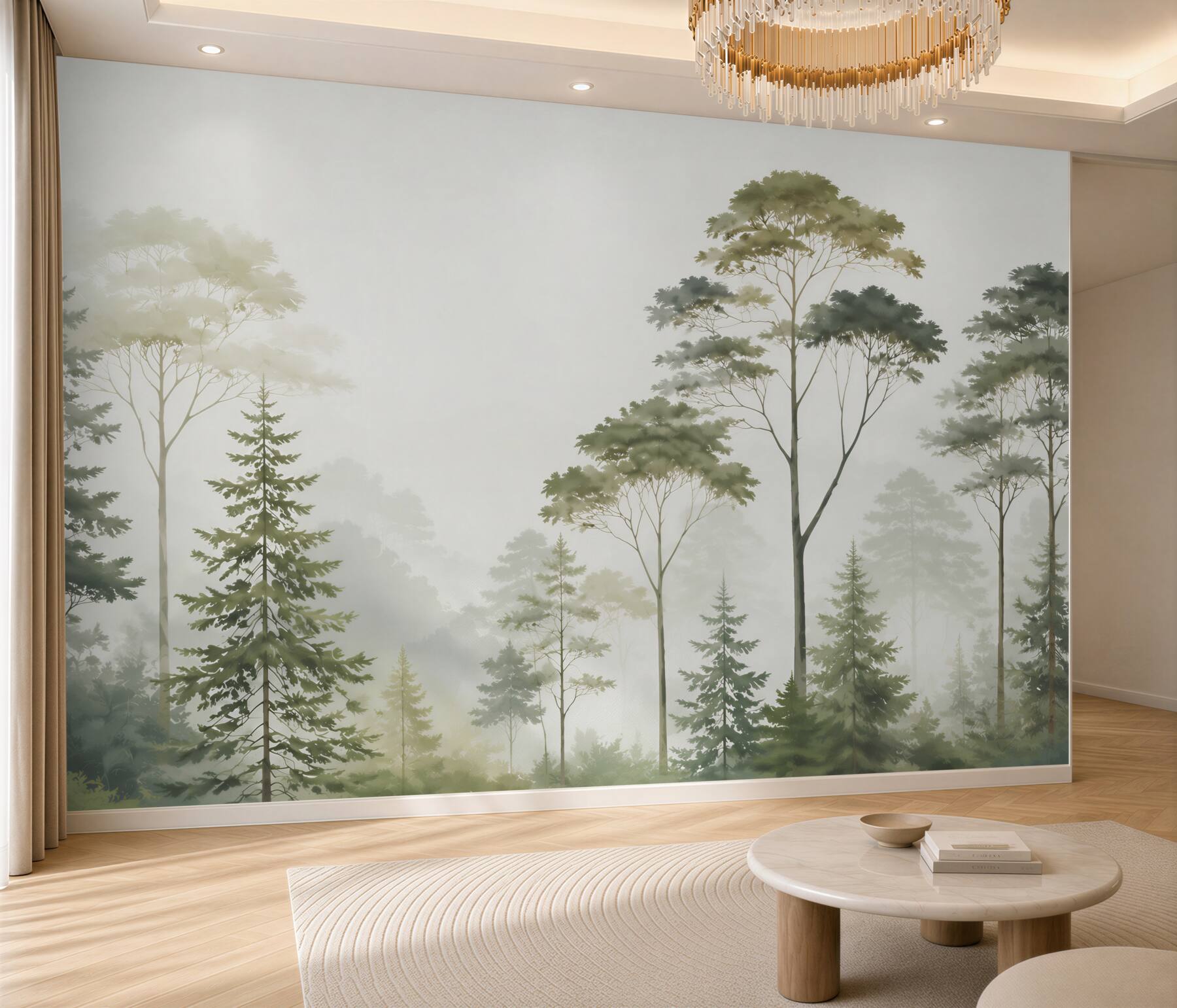 Fotobehang groene bos in de mist in een rustige natuurlijke stijl