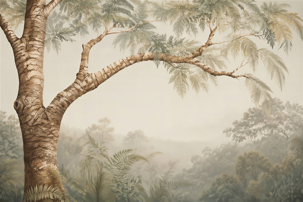 Fotobehang tropische boom boven de mistige jungle in beige