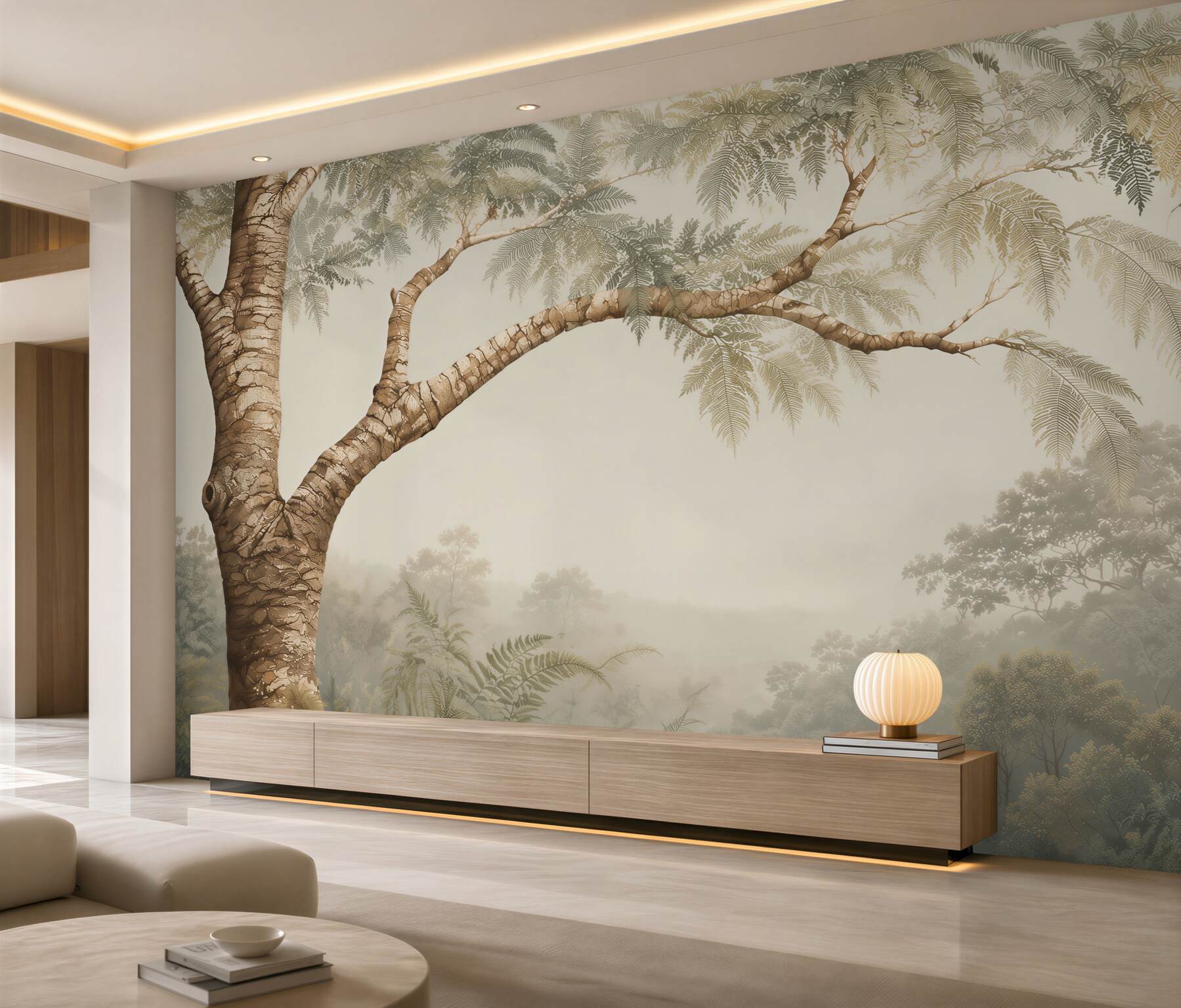 Fotobehang tropische boom boven de mistige jungle in beige