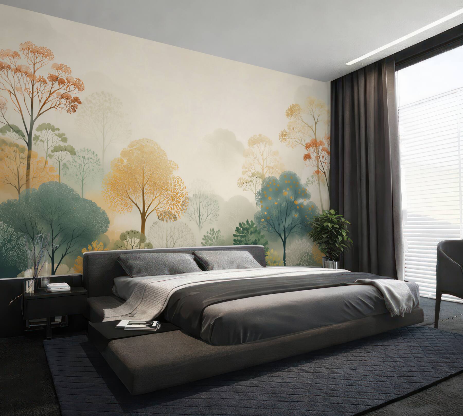 Fotobehang pastelbos met delicate bomen in aquarelstijl