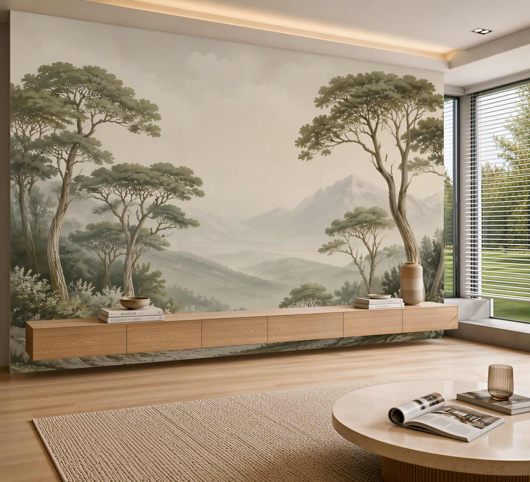 Fotobehang berglandschap met hoge bomen in beige mist