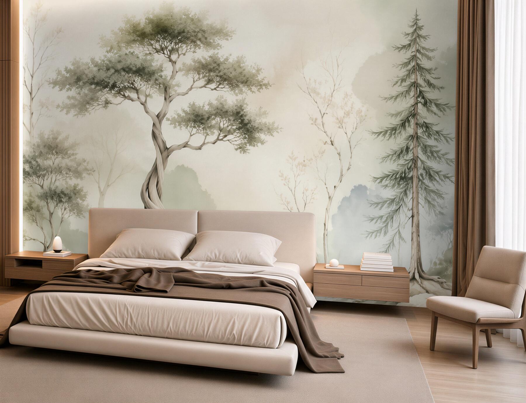 Fotobehang fantasiebomen in een mistige bosomgeving pastel