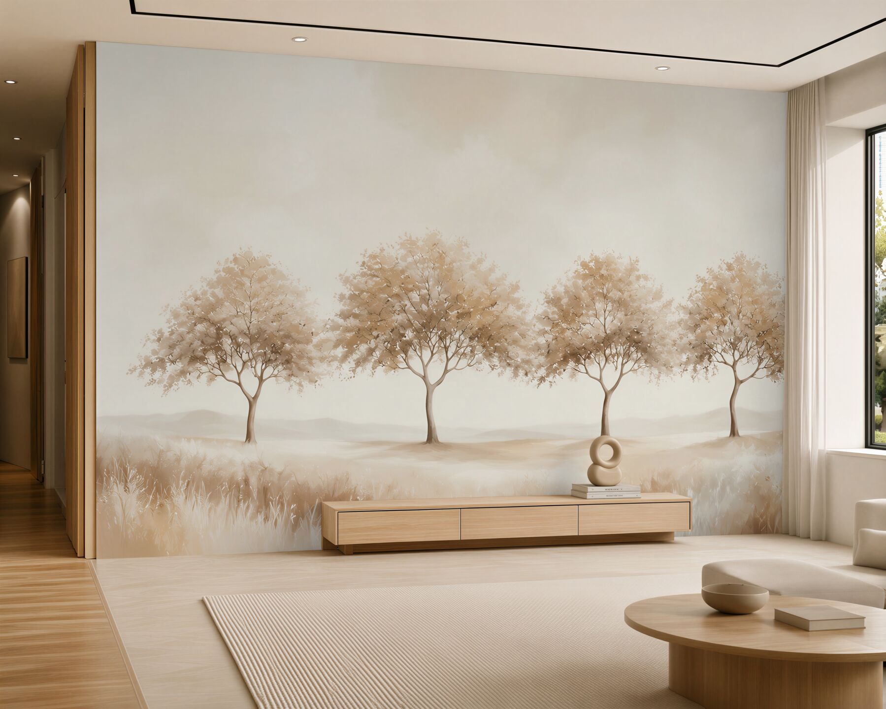 Fotobehang rij van lichte bomen op een minimalistisch beige weiland