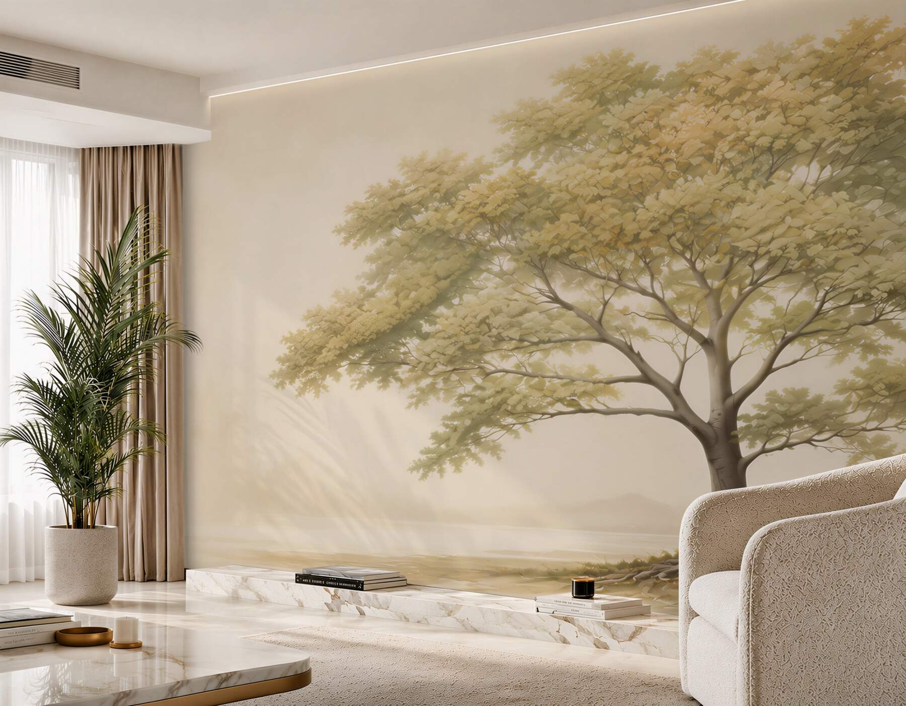 Fotobehang grote boom in beige mist rustige landschap